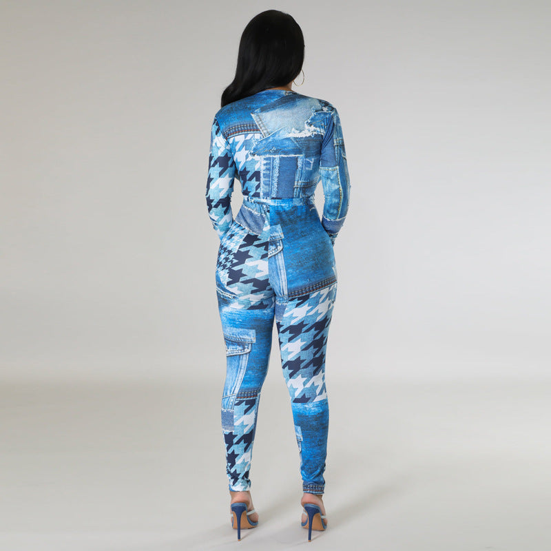BamBam Women's Fashion Casual Print Tight Fitting Deep V Belt Long Sleeve Jumpsuit - BamBam Clothing