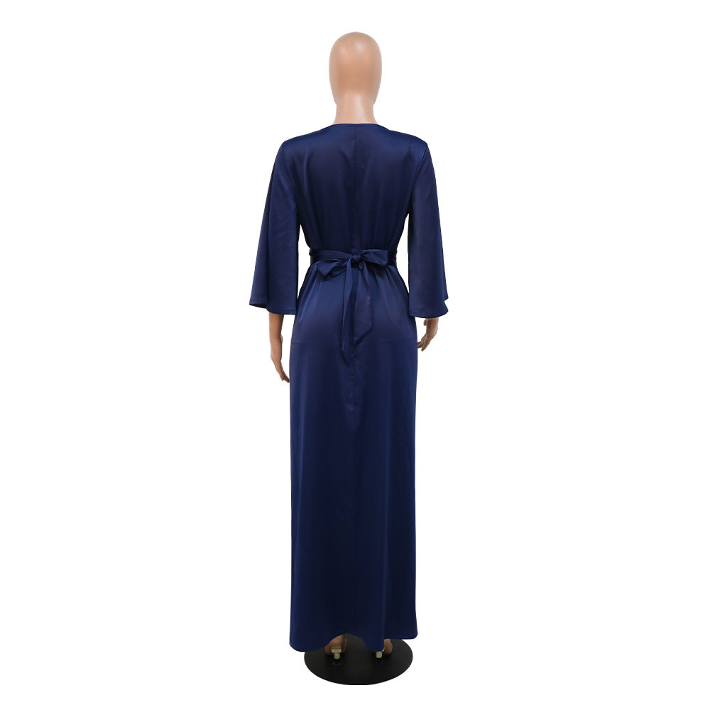 BamBam Muslim Abaya Leaf Pattern Beaded Dubai Robe Dress With Diamond Belt - BamBam