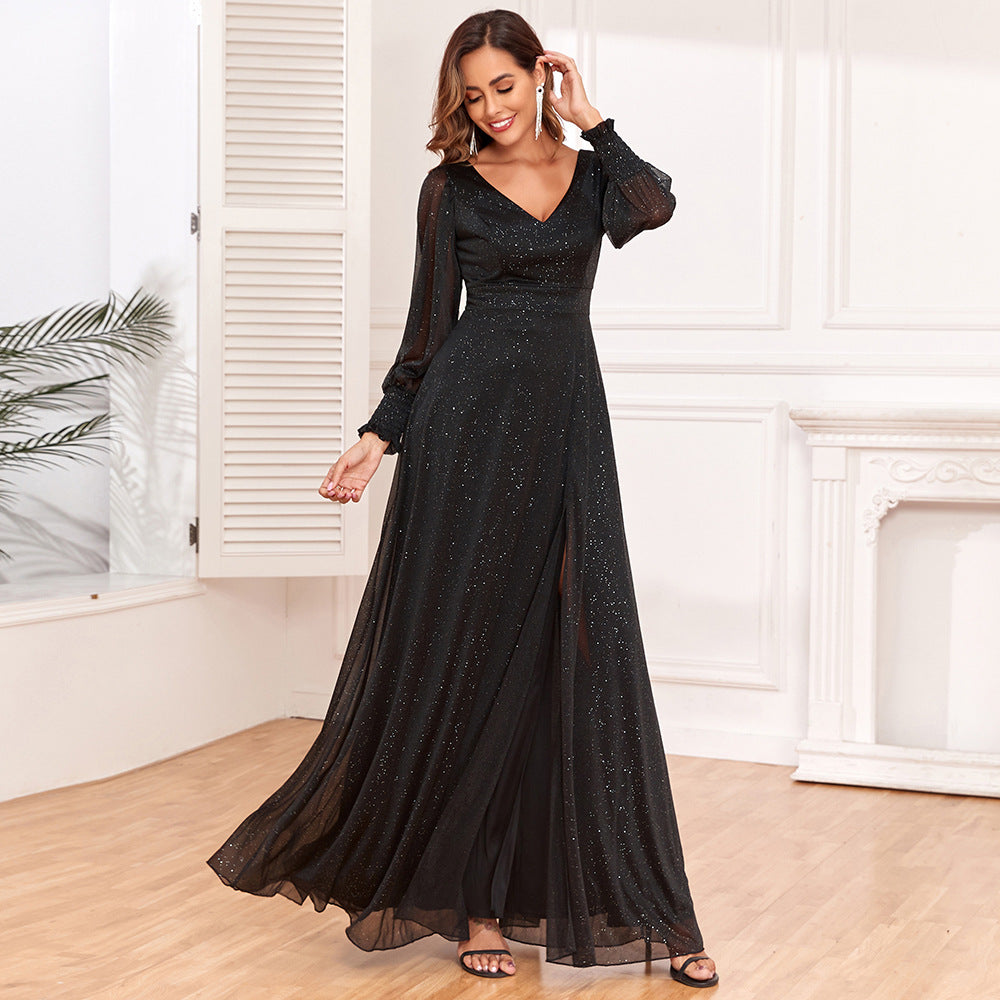 BamBam Women See-Through Long Sleeve V-Neck Slit Maxi Dress - BamBam Clothing