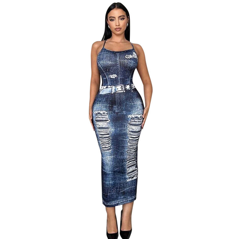 BamBam Women's Autumn Sexy Low Back Fashion Casual Slim Denim Bodycon Dress - BamBam Clothing