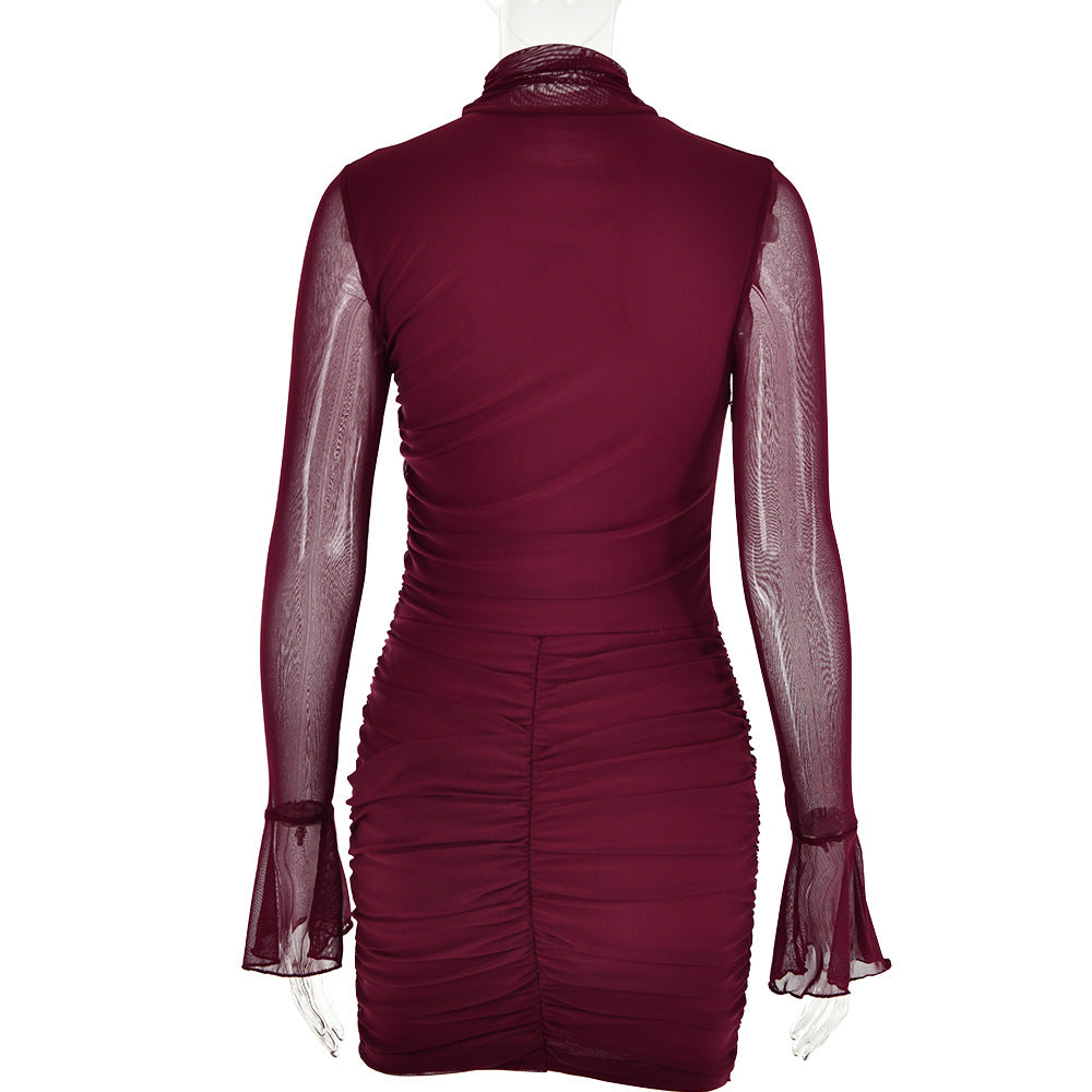 BamBam Autumn Sexy Turtleneck Bell Bottom Sleeve Slim Mesh Patchwork Pleated Bodycon Dress - BamBam Clothing