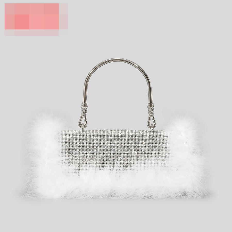 BamBam Ostrich hair rhinestone bag female mink hair inlaid diamond dinner bag full of diamonds shoulder Messenger bag - BamBam