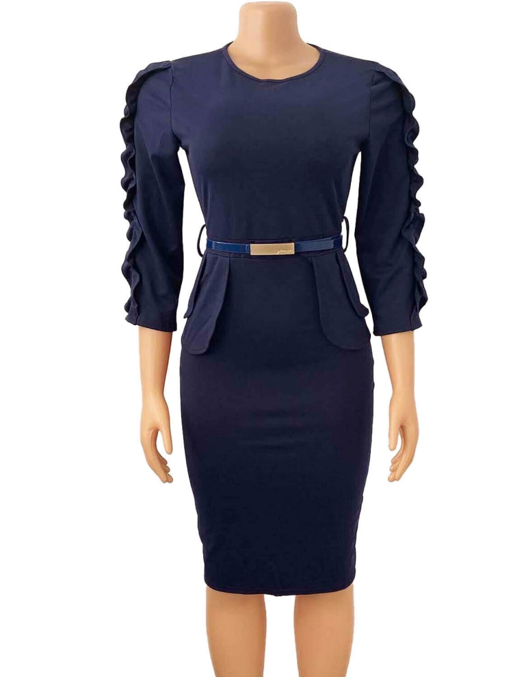 BamBam Spring African Blue Round Neck Three Quarter Sleeve Ruffles With Belt Office Dress - BamBam