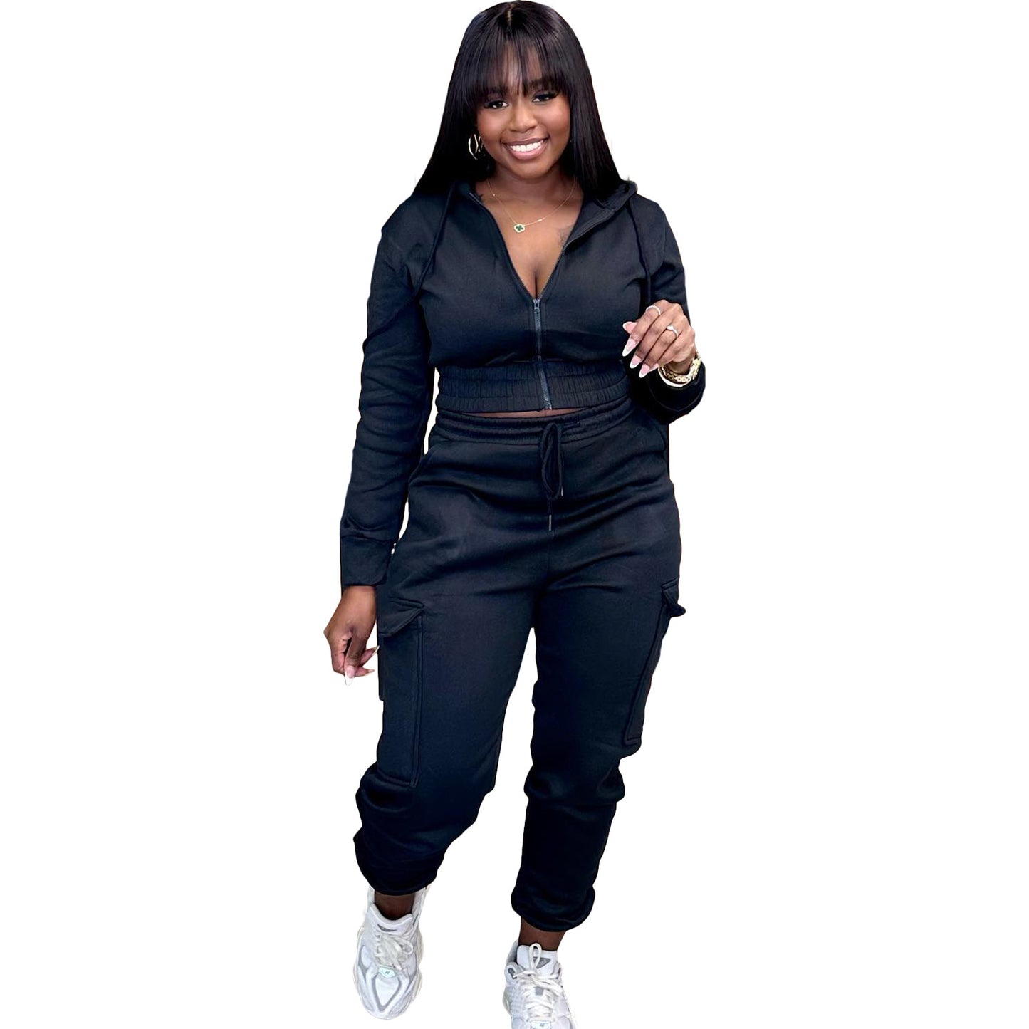 BamBam Women's Patchwork Fleece Casual Sports Hooded Two-Piece Tracksuit Set - BamBam