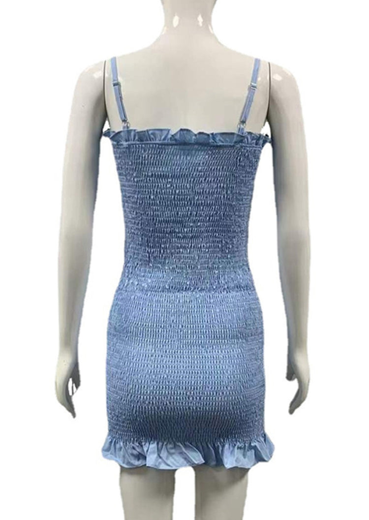 BamBam Women Summer Blue Sexy Straps Solid Ruffles Bodycon Dress - BamBam Clothing