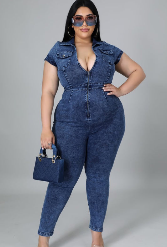 Fall Plus Size Front Zipped Denim Bodycon Jumpsuit