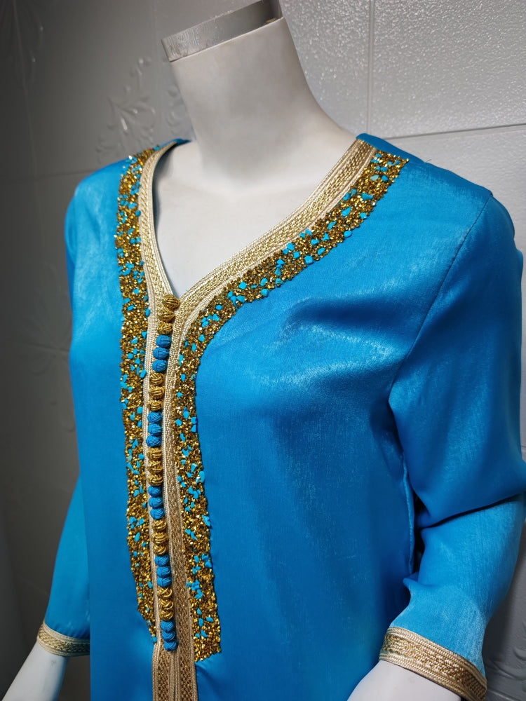 BamBam Arab Dubai Arab Middle East Turkey Morocco Islamic Clothing Kaftan Abaya Embroided Muslim Dress Blue - BamBam