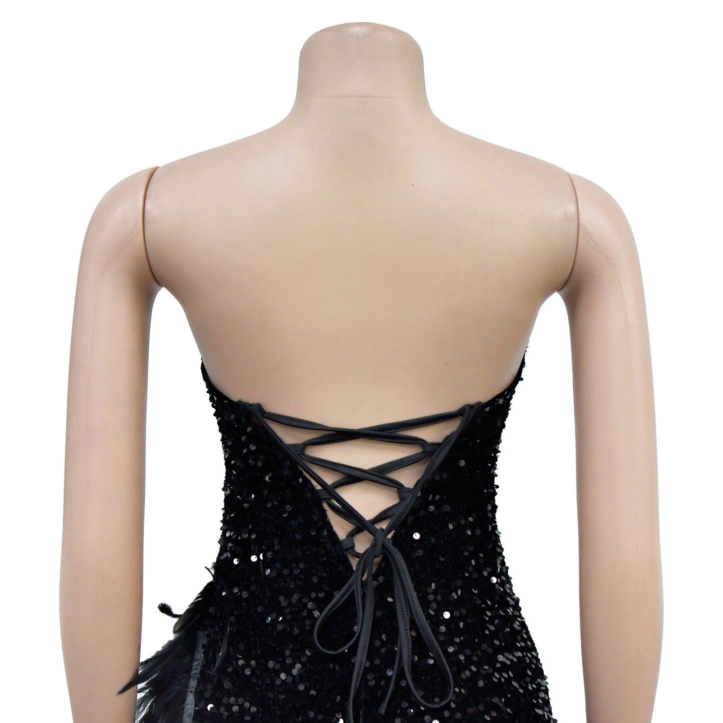 BamBam Women Solid Strapless Backless Sequin Feather Dress - BamBam Clothing Clothing