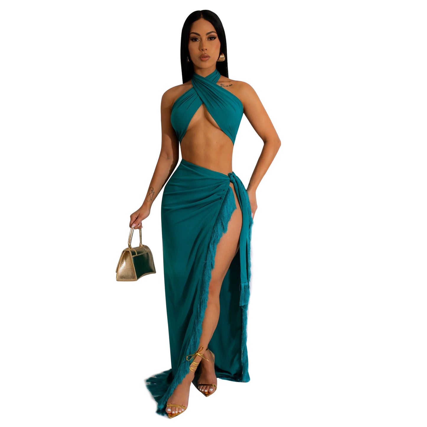 BamBam Summer Women's Sexy Wrap Breast Lace-Up Tassel Two Piece Skirt Set - BamBam