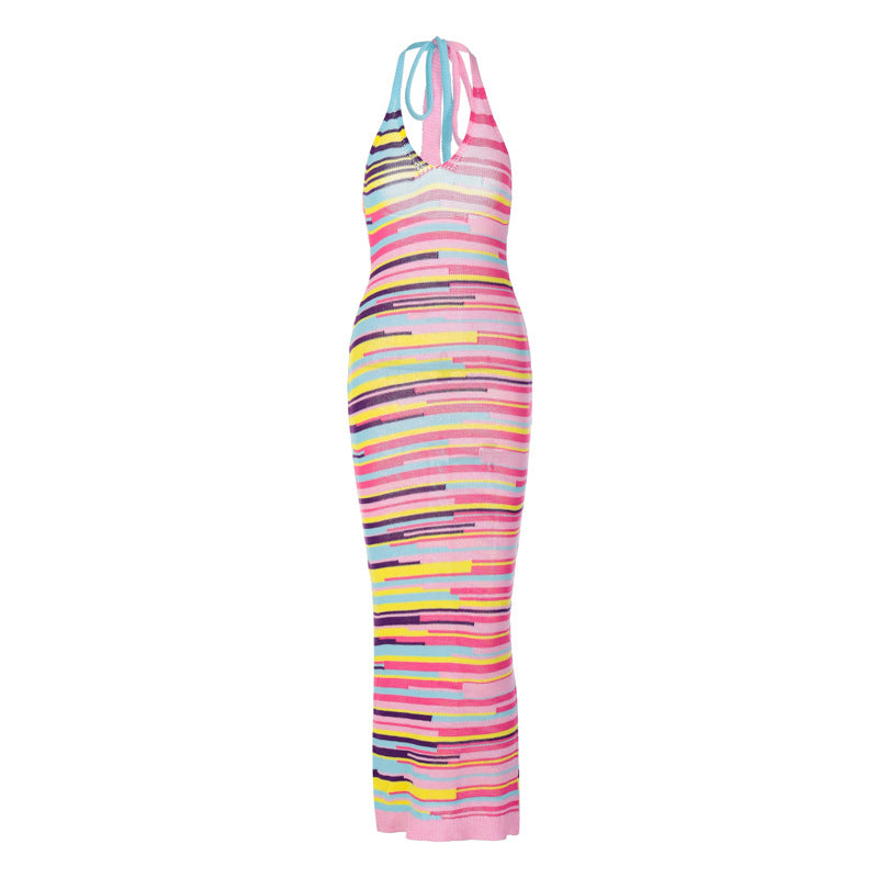 BamBam Women's Summer Print Tie Halter V-Neck Low Back Knitting Dress - BamBam