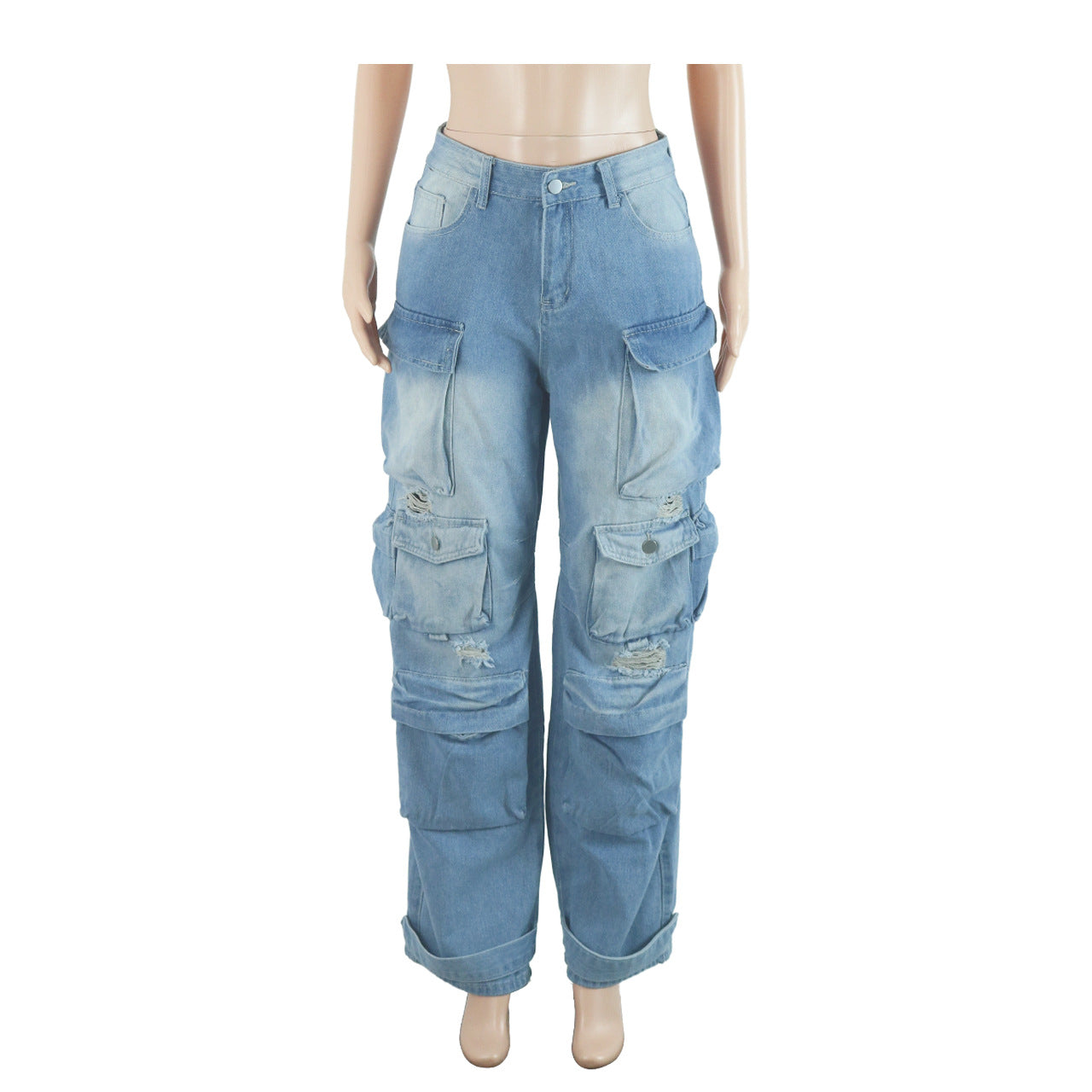 BamBam Women Cargo Ripped Casual Denim Pants - BamBam