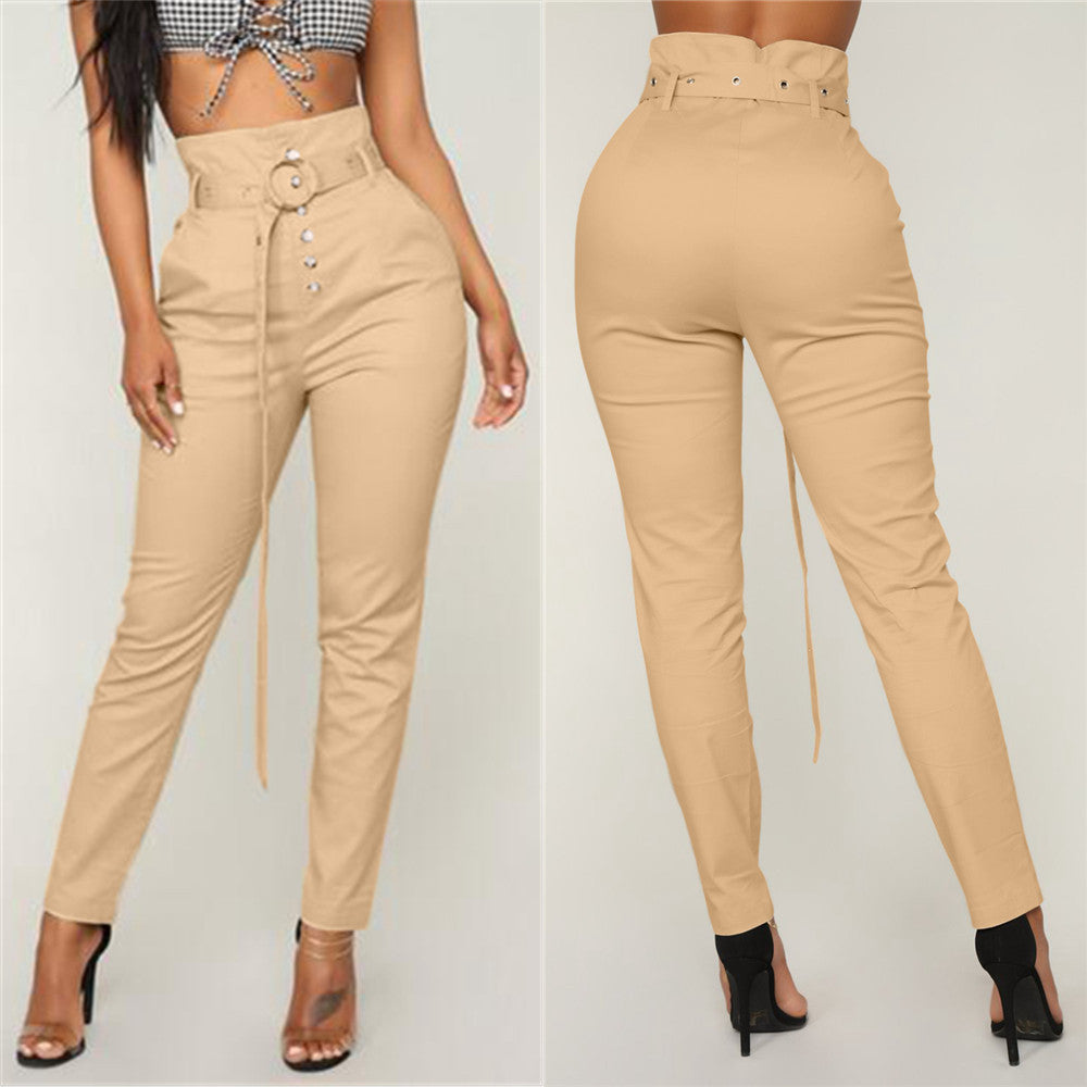 BamBam Women's Fitted Solid Color High Waist Pants With Belt - BamBam