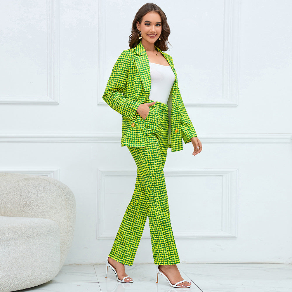 BamBam Women autumn and winter houndstooth double-breasted Blazer+ straight trousers two-piece set - BamBam Clothing