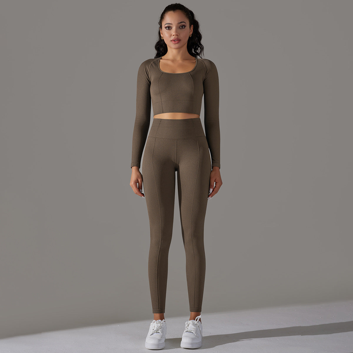 BamBam Seamless Knitting Solid Color Jacquard Low-Cut Tight Fitting Long-Sleeved Yoga Suit Sports Fitness Two-Piece Set - BamBam