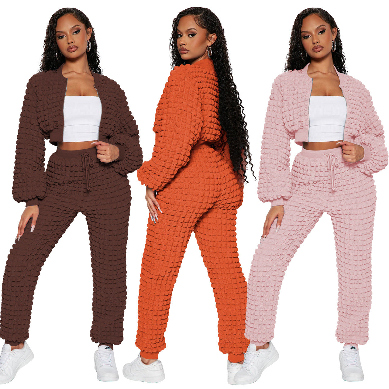 BamBam Women's Fashion Casual Solid Zipper Long Sleeve Draw String Two-Piece Pants Set - BamBam