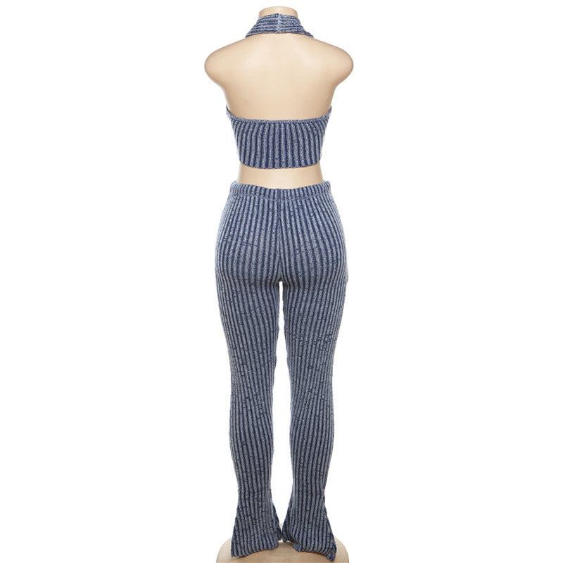 BamBam Women Autumn Sexy Knitting Top High Waist Bell Bottom Casual Pants Set - BamBam