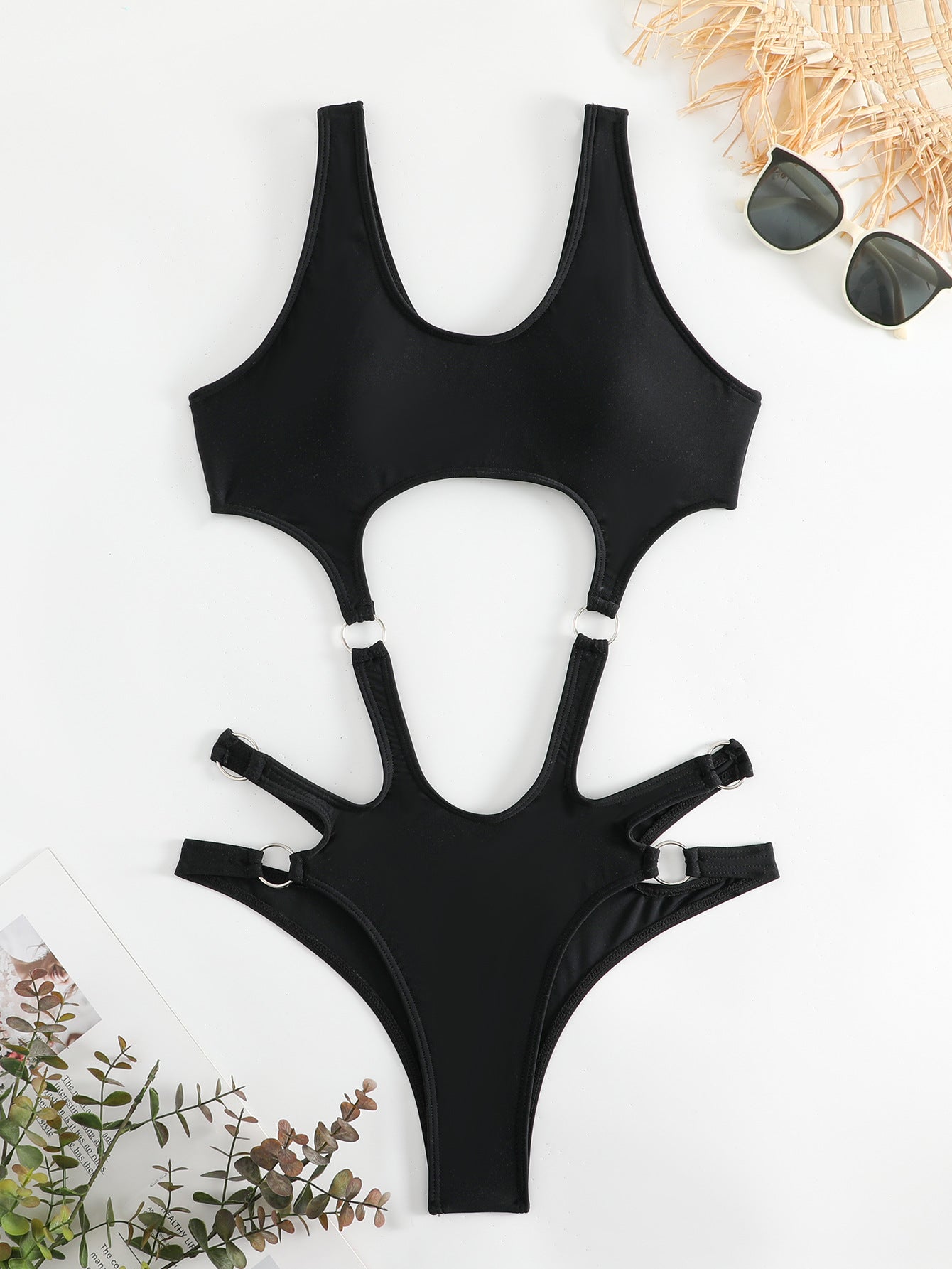 BamBam Women's solid color ring one-piece swimsuit sexy bikini - BamBam