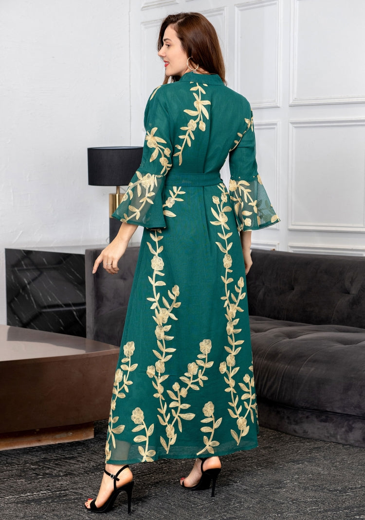 BamBam Women Summer Green Arab Dubai Middle East Turkey Morocco Floral Print Sequined Islamic Clothing Kaftan Abaya Muslim Dress - BamBam