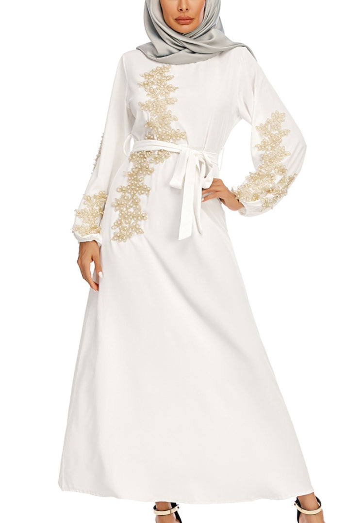 BamBam Arab Dubai Arab Middle East Turkey Morocco Islamic Clothing Rhinestone Kaftan Abaya Muslim Dress White - BamBam