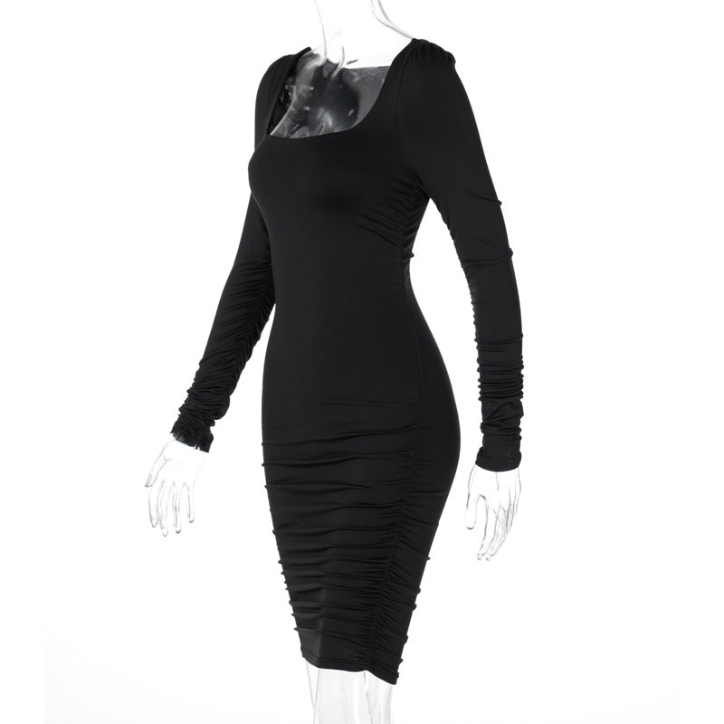 BamBam Women Autumn and Winter Square Neck Pleated Long Sleeve Sexy Dress - BamBam Clothing