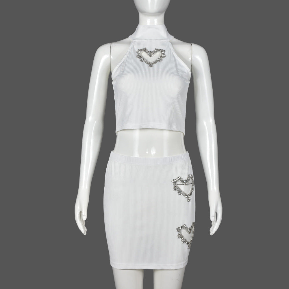 BamBam Heart Rhinestone Hollow Crop Vest Mini Skirt Fashion Casual Women Two Piece Set - BamBam