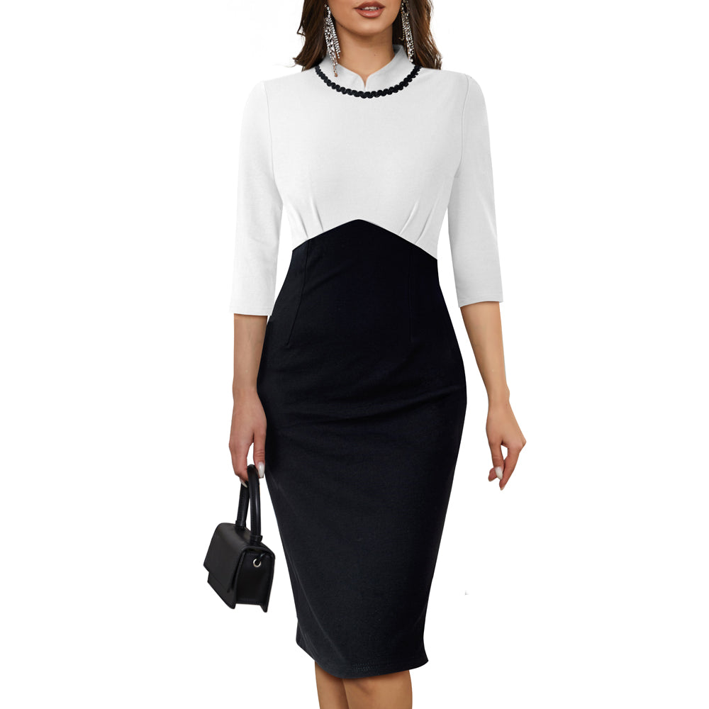 BamBam Women Elegant Round Neck Zip Colorblock Bodycon Dress - BamBam