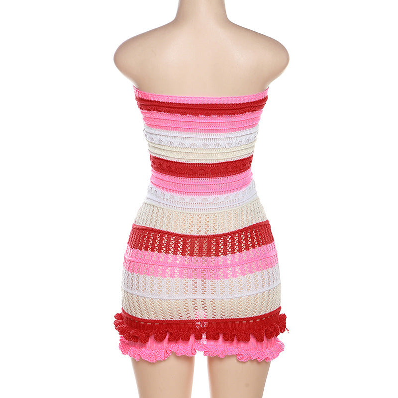 BamBam Summer Women Sexy Strapless Backless Color Block Lace Knitting Dress - BamBam