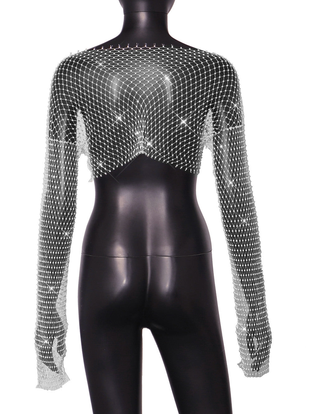 BamBam Women Sexy Hollow High Waist Bright Diamond Long Sleeve Fishnet Top - BamBam