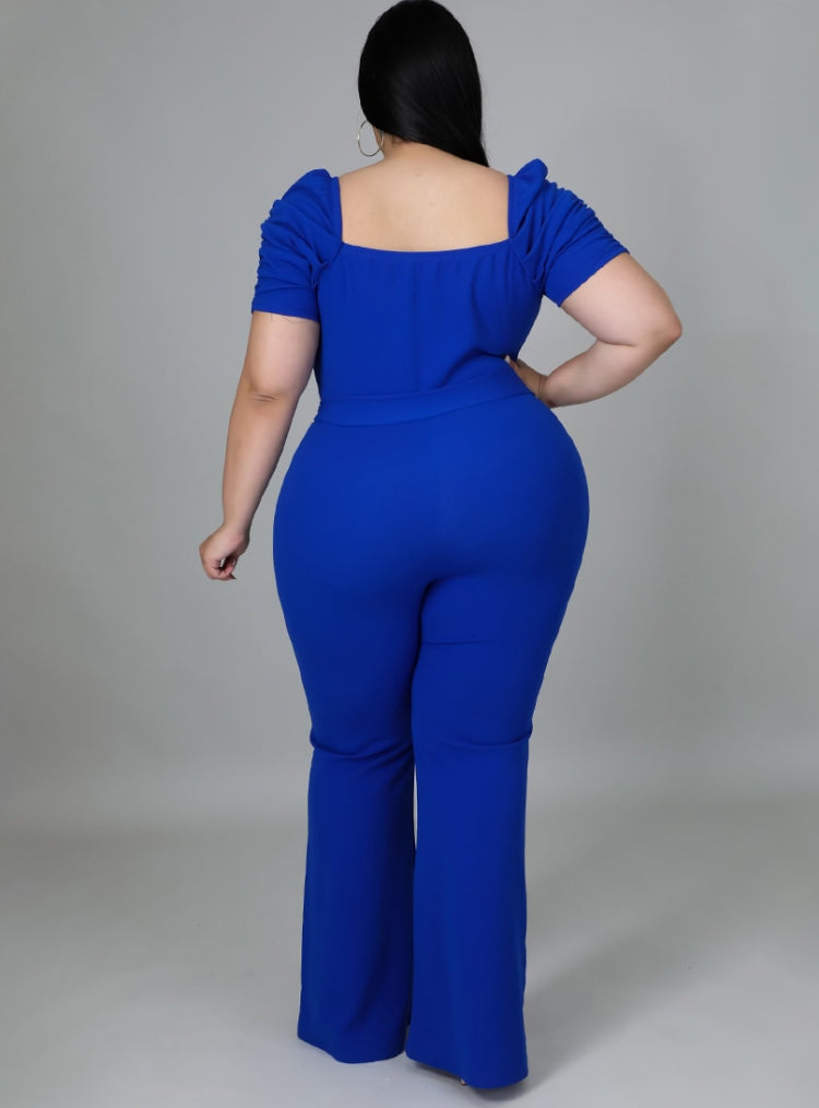BamBam Women Summer Blue Formal Sweetheart Neck Short Sleeves Solid Belted Full Length Regular Plus Size Jumpsuit - BamBam Clothing