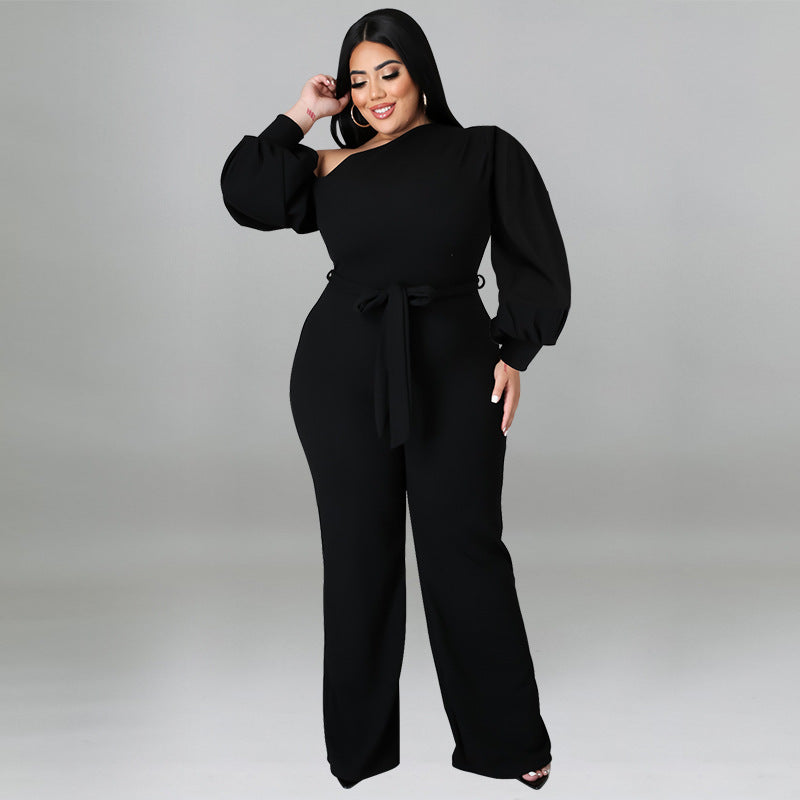 BamBam Plus Size Women Solid Balloon Sleeve Slash Shoulder Belted Jumpsuit - BamBam Clothing