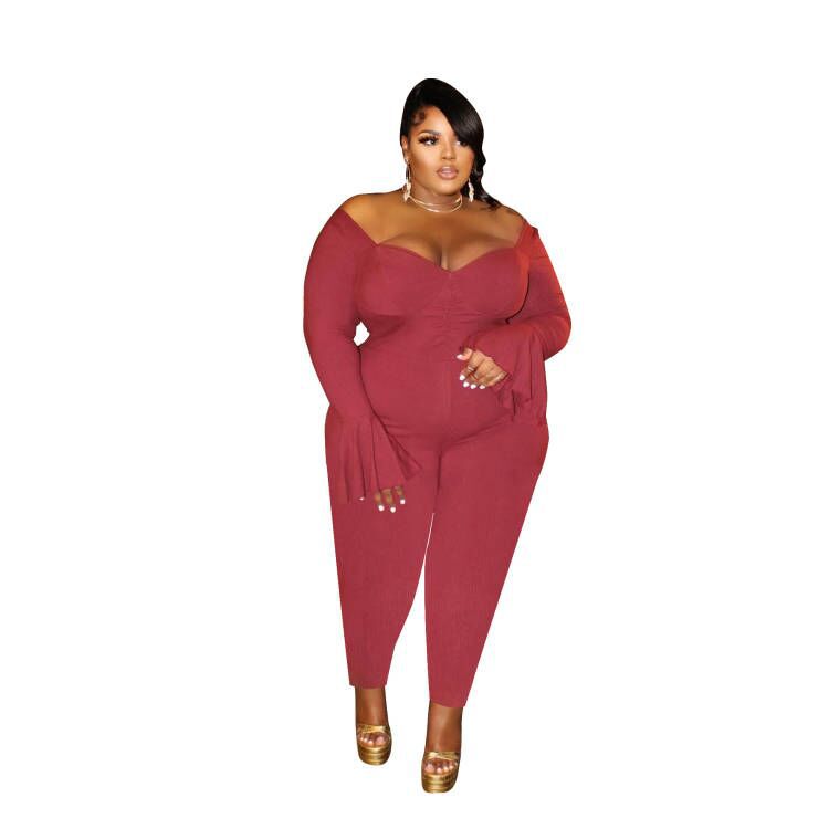 BamBam Sexy Deep V Plus Size Women'S Flare Long Sleeve Off Shoulder Jumpsuit - BamBam Clothing