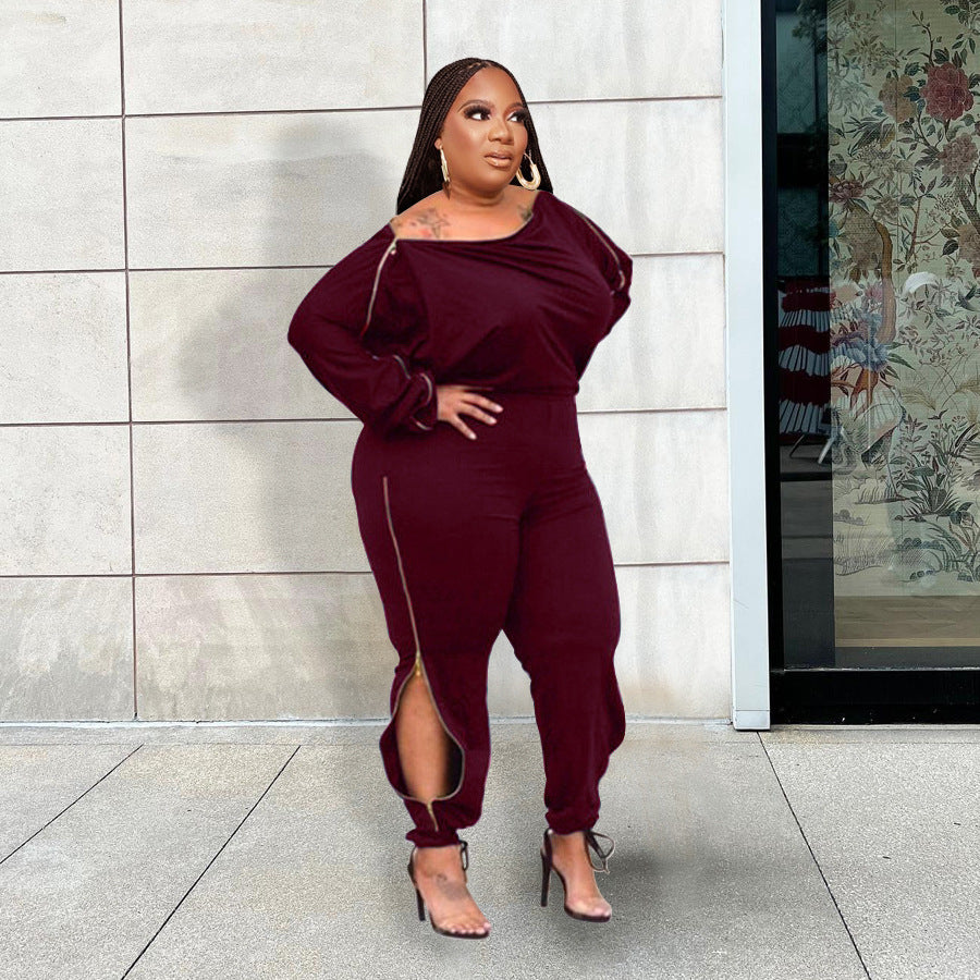 BamBam Fall Winter Plus Size Women's Sexy Fashion Solid Color Zipper Off Shoulder Jumpsuit - BamBam Clothing
