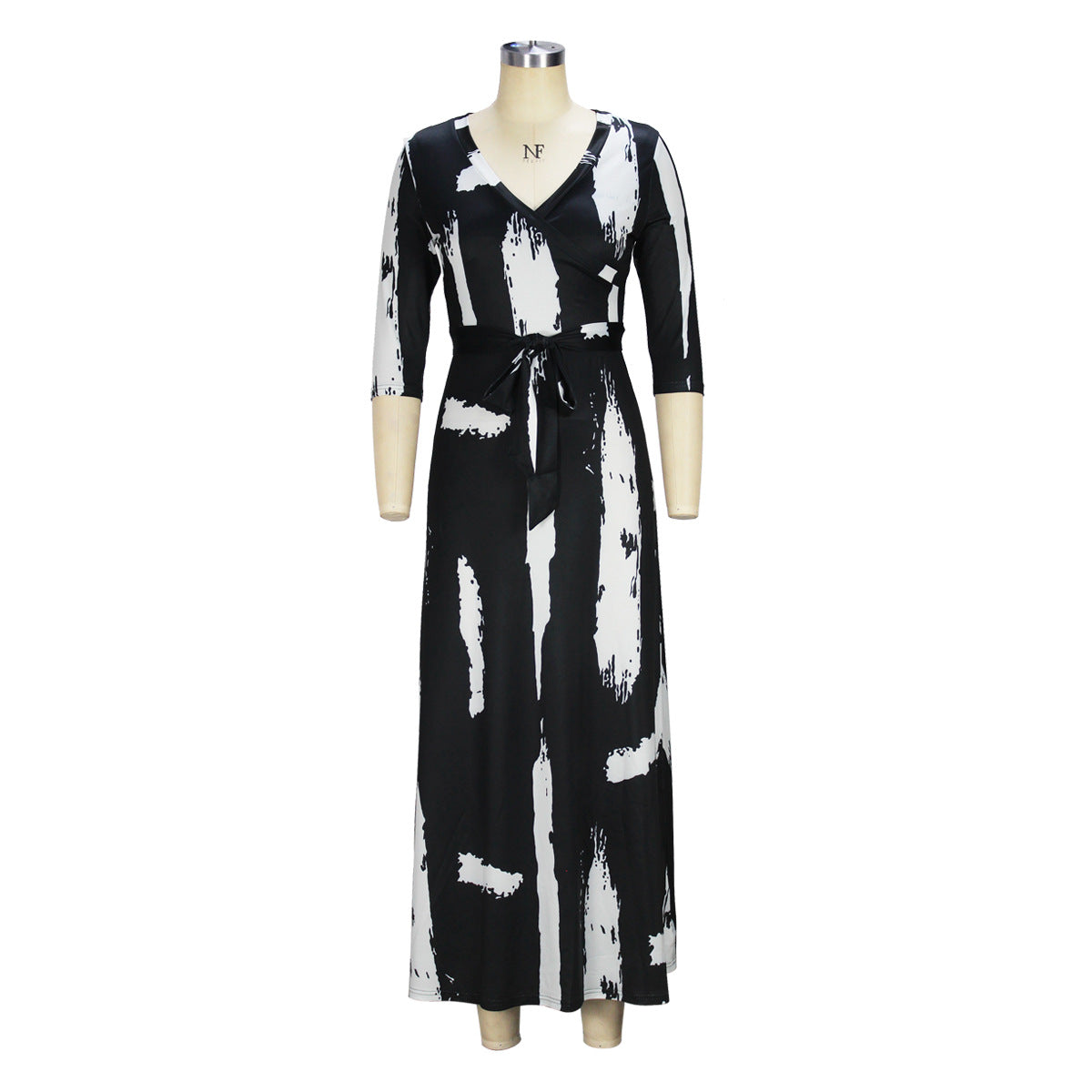 BamBam Spring And Autumn Fashion Women's Wrap V-Neck Elegant Half-Sleeve Printed Long Dress - BamBam