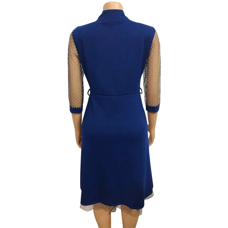 BamBam Autumn Plus Size Formal Mesh Patch Polka Dot Blue Knee-Length Office Dress - BamBam