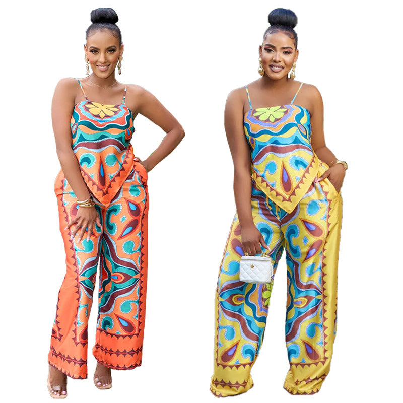 BamBam Women summer printed sexy suspenders Top and straight pants two-piece set - BamBam