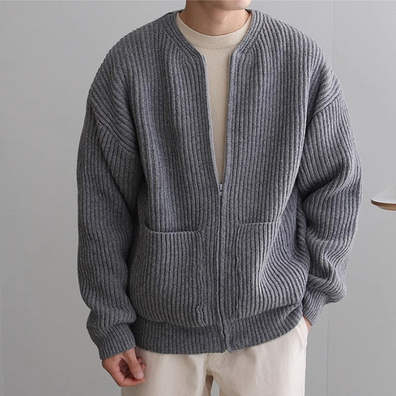 BamBam Men's Casual Solid Round Neck Knitting Cardigan Jacket - BamBam