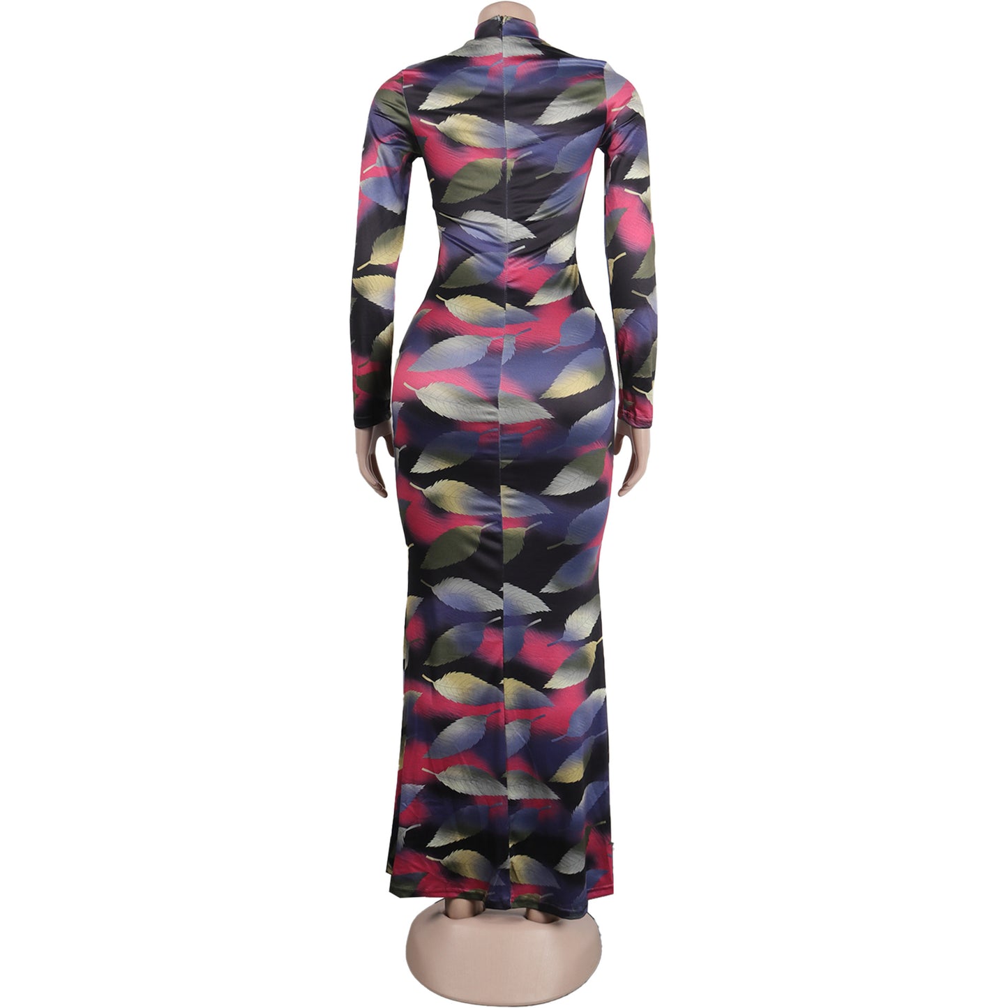BamBam Sexy Printed Stretch Round Neck Long Sleeve Bodycon Tight Fitting Mermaid Long Dress - BamBam