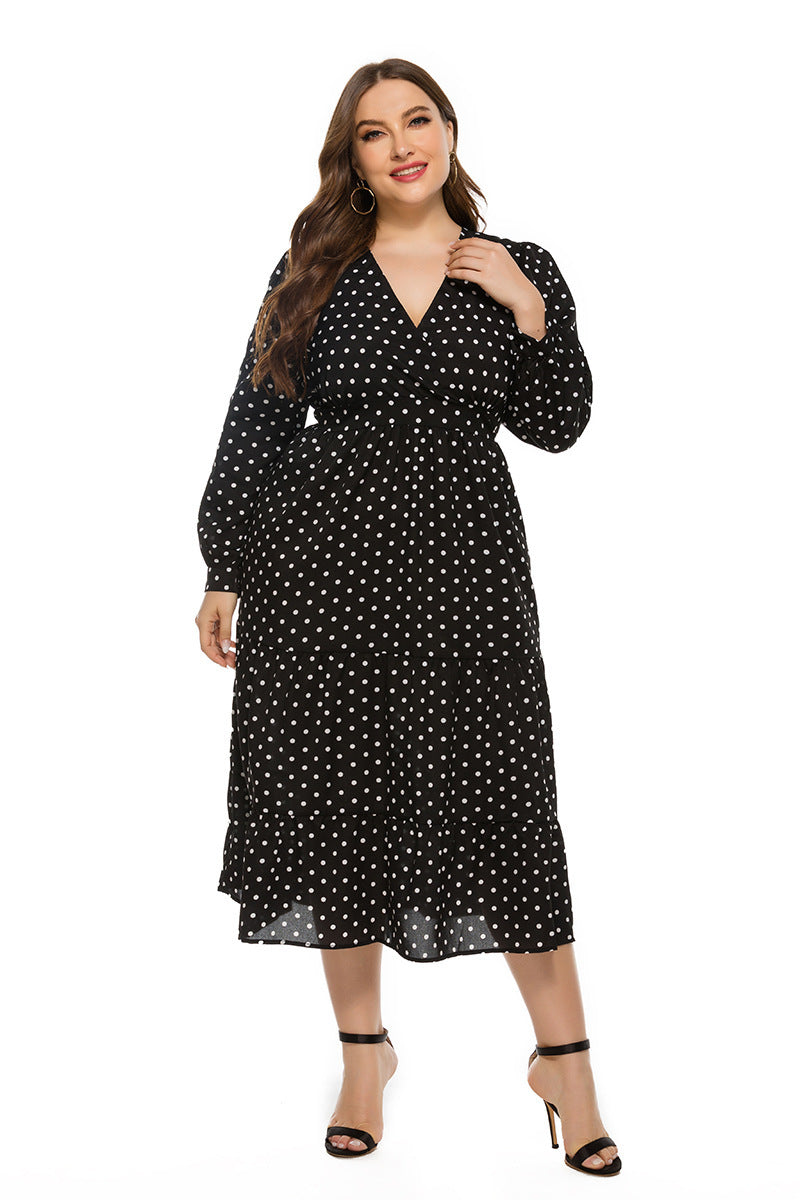 BamBam Autumn And Winter Women's Polka Dot Long Sleeve Plus Size Long Dress - BamBam