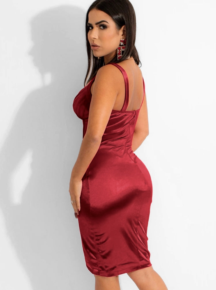 BamBam Women Summer Red Sexy V-neck Sleeveless Solid color Satin Mini Bodycon Dress - BamBam Clothing