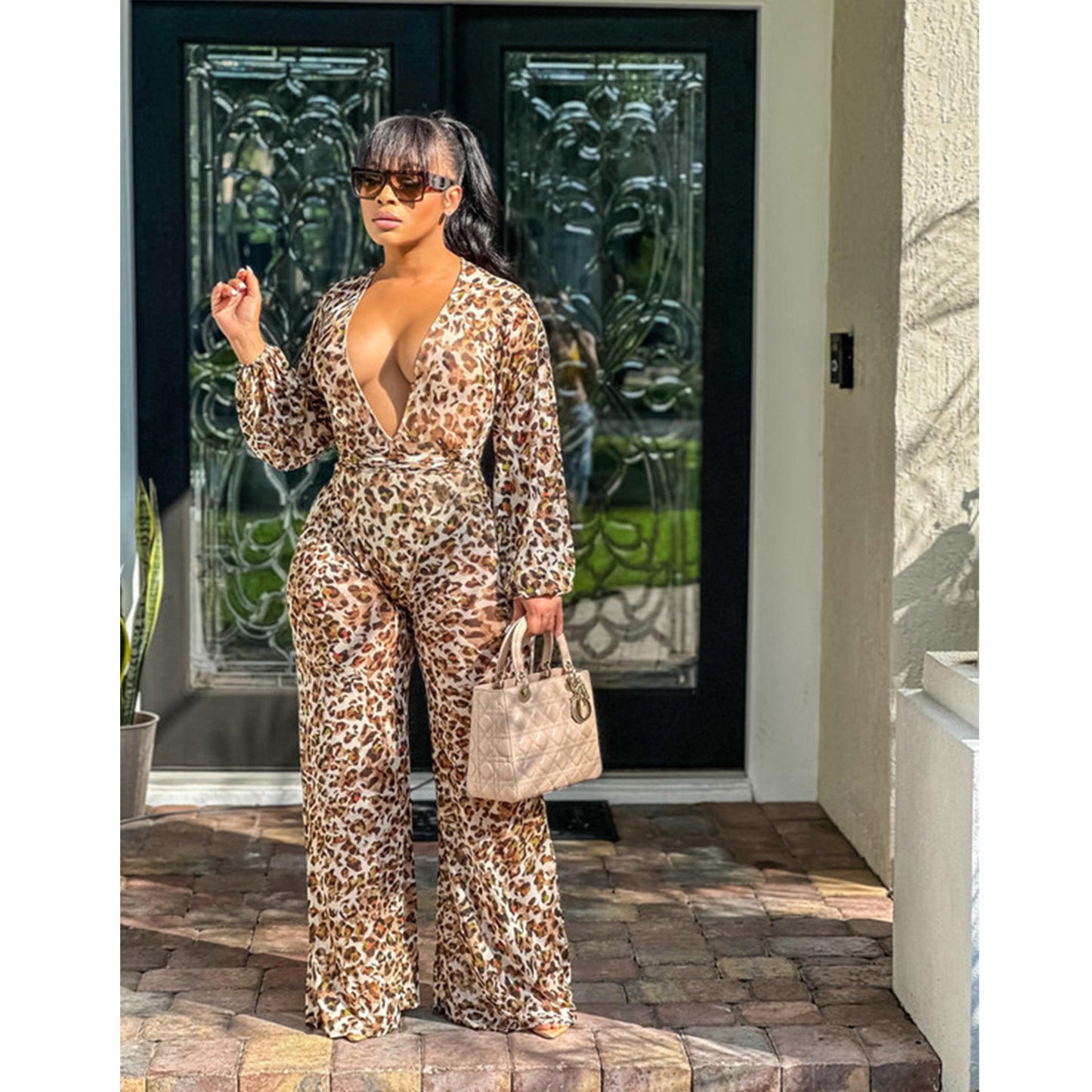 BamBam Women Sexy Leopard Print Long Sleeve Jumpsuit - BamBam Clothing