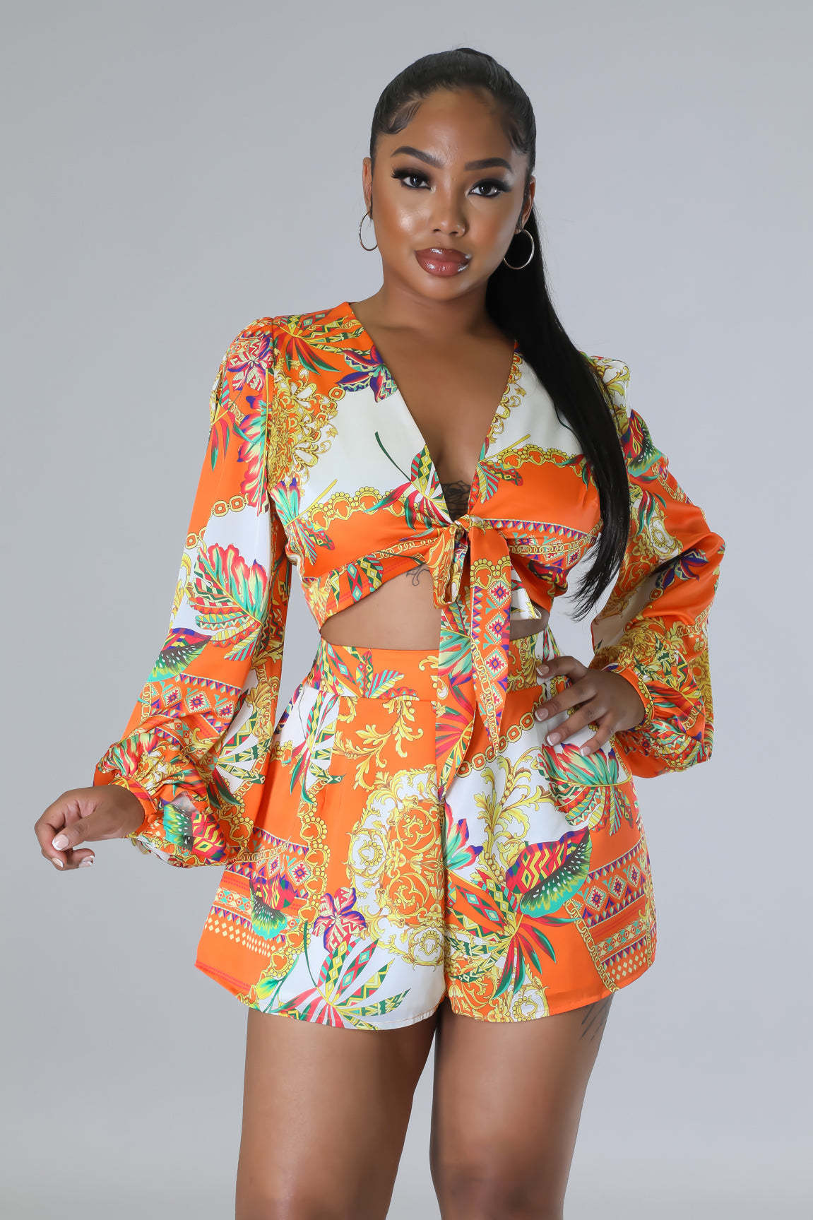 BamBam Sexy And Fashionable Print Long-Sleeved Women's Top Shorts Two-Piece Set - BamBam