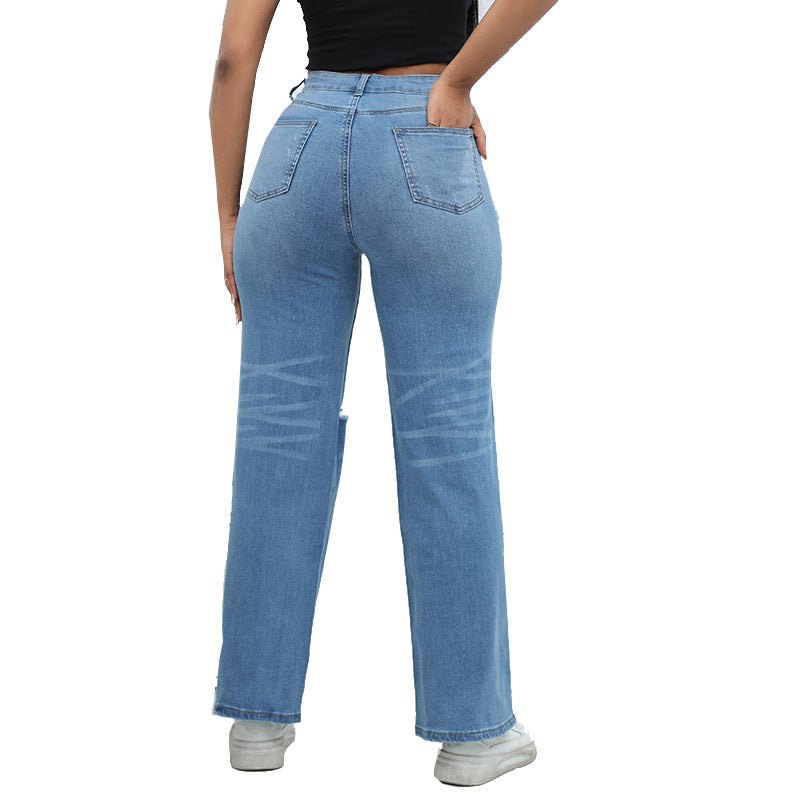 BamBam Straight-Leg Jeans Chic Washed Ripped Wide-Leg Denim Pants For Women - BamBam