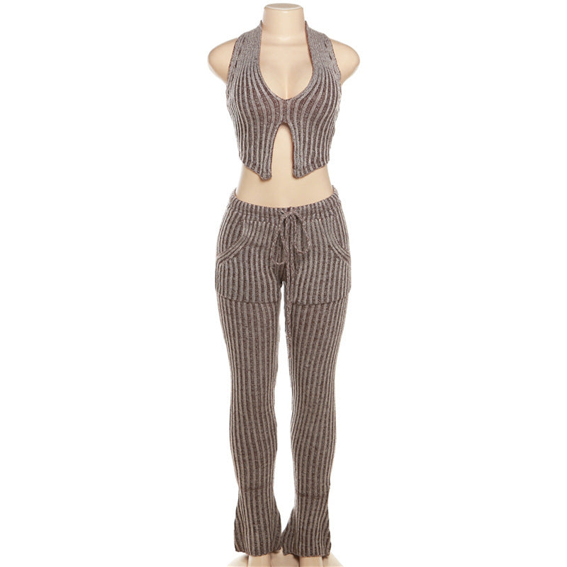 BamBam Women Autumn Sexy Knitting Top High Waist Bell Bottom Casual Pants Set - BamBam