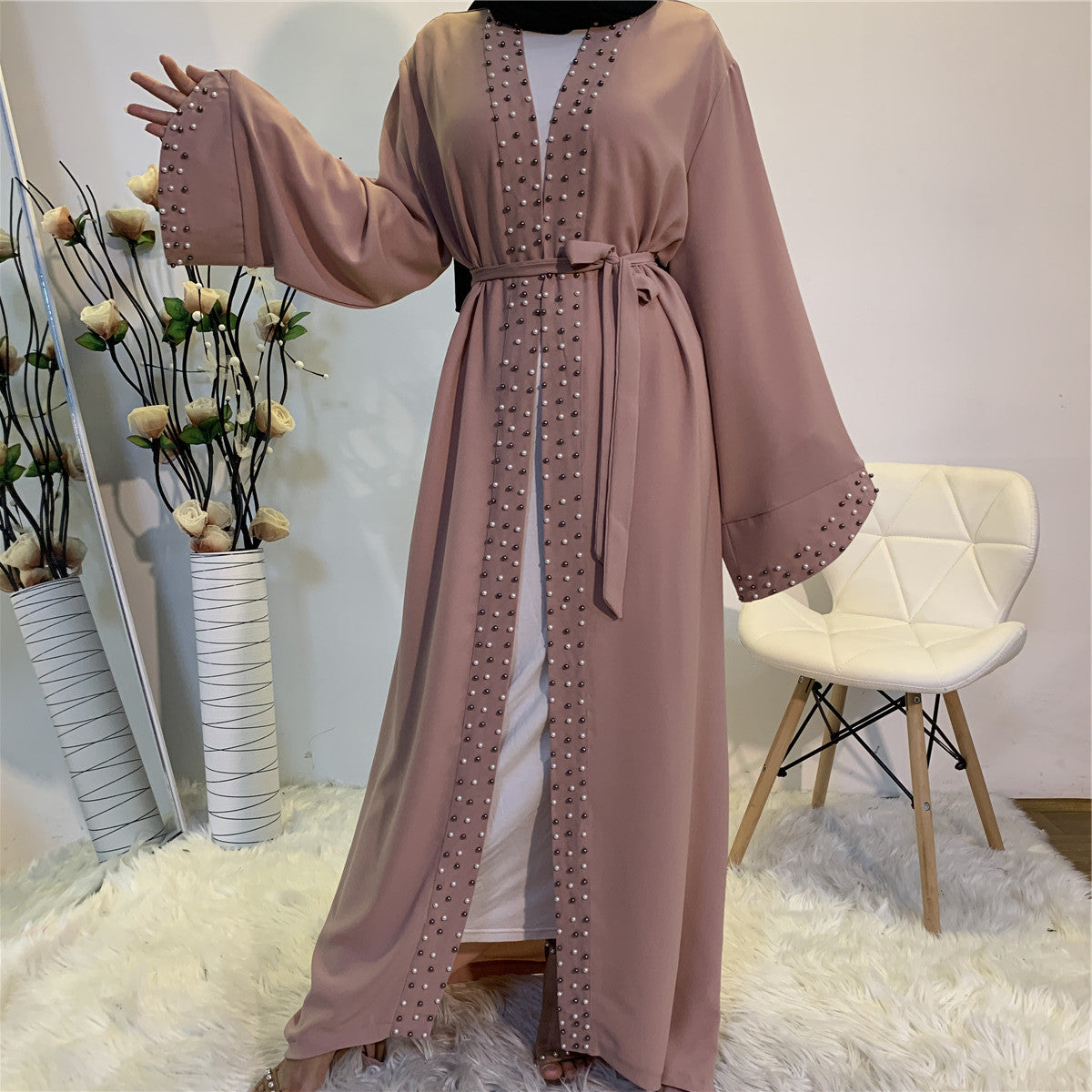 BamBam Women Arabic Turkish Elegant Beaded Muslim Lace Cardigan Robe - BamBam