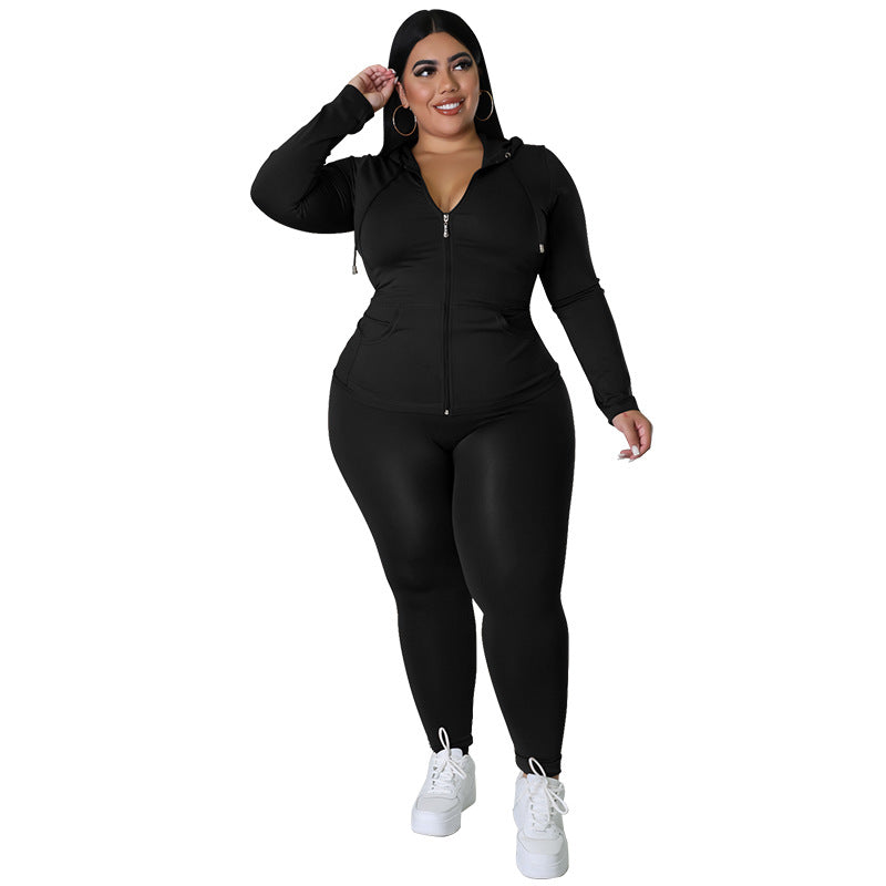 BamBam Plus Size Women's Solid Fall Hood Long Sleeve Pants Fashion Casual Set - BamBam Clothing