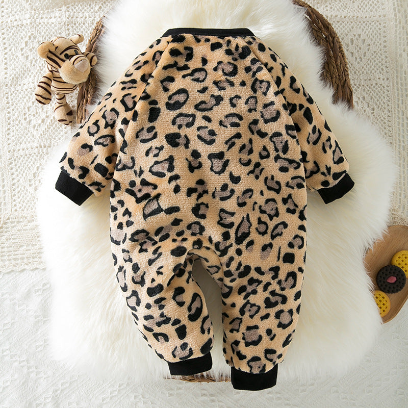 BamBam Autumn And Winter Newborn Baby Jumpsuit Warm Fleecee Long-Sleeved Baby Leopard Print Jumpsuit Cute Baby Crawling Set - BamBam