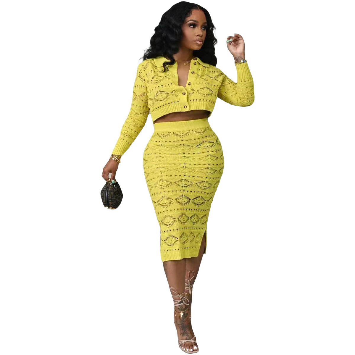 BamBam Fashion Sexy Knitting Hand Crochet Casual Two Piece Skirt Suit - BamBam