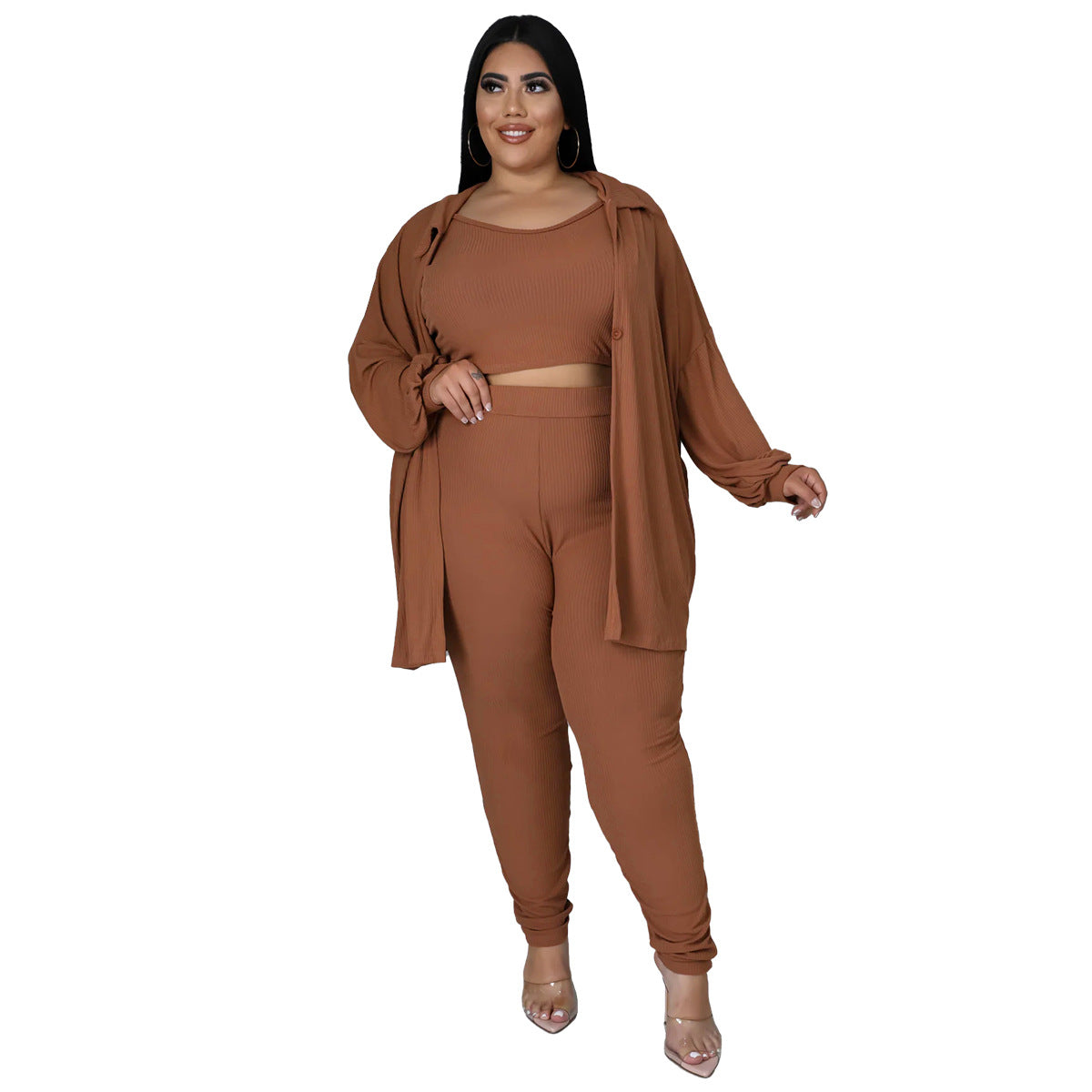 BamBam Plus Size Women Ribbed Solid Color Three-Piece Casual Sexy Pants Set - BamBam