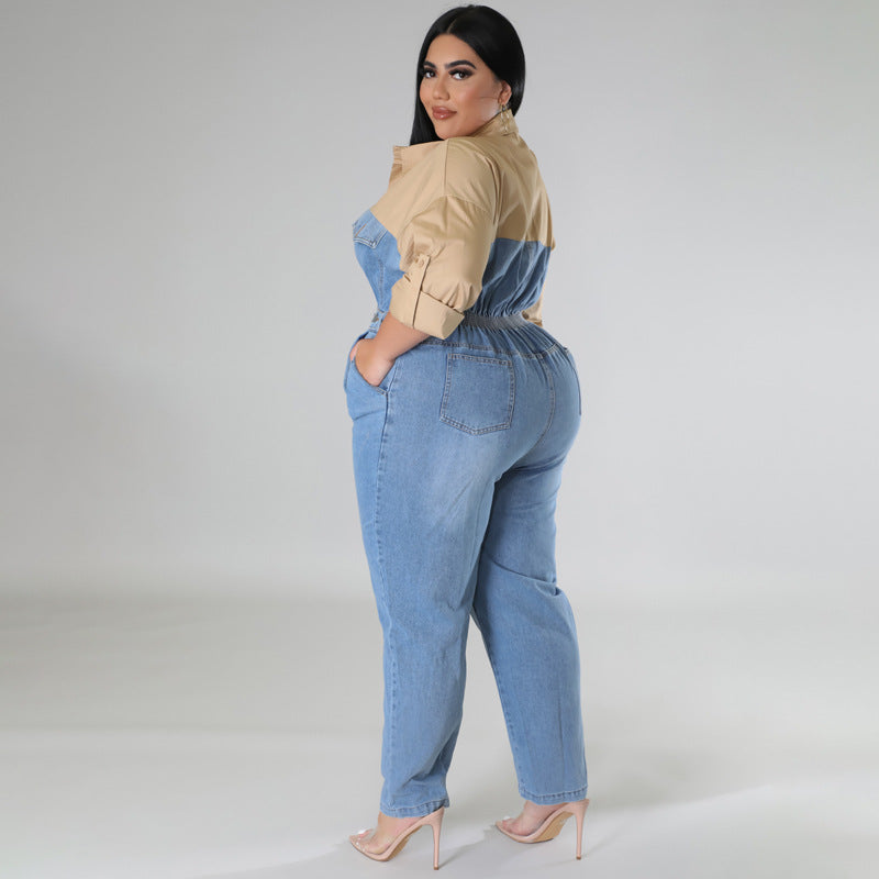 BamBam Plus Size Women's Denim Contrast Jumpsuit - BamBam Clothing