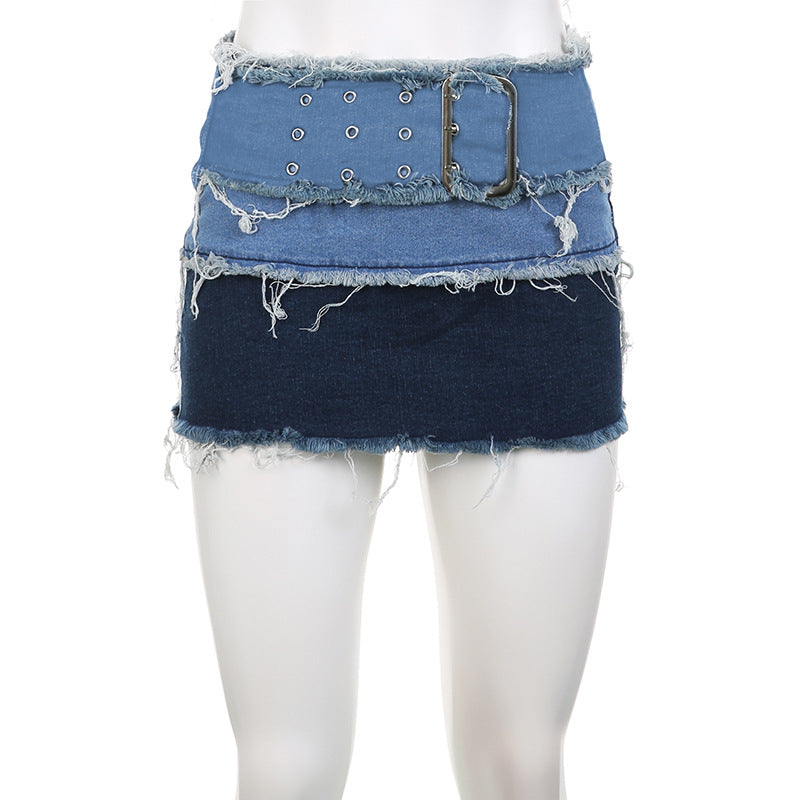 BamBam Denim Patchwork Distressed Strapless Crop Vest High Waist Miniskirt Two Piece Set - BamBam